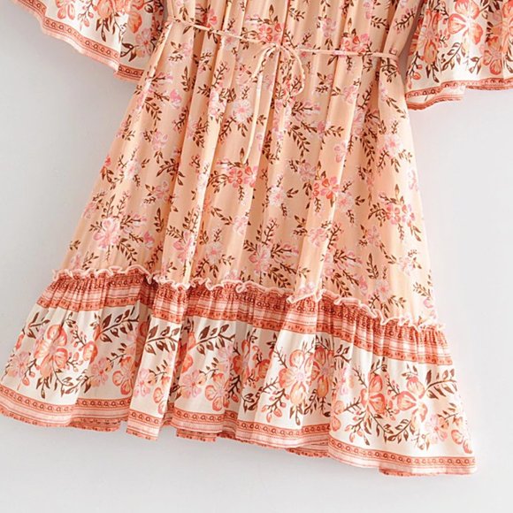 Boho Pink Cherry Blossom Flower Print Mini Dress - Picture 10 of 16